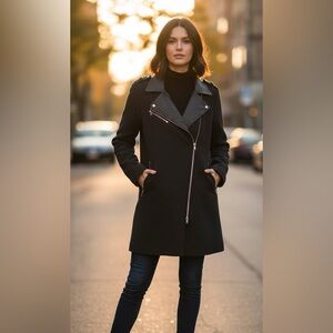 Soia & Kyo Wool Cashmere Leather Trim Moto Coat Black Size S Business Chic Soft